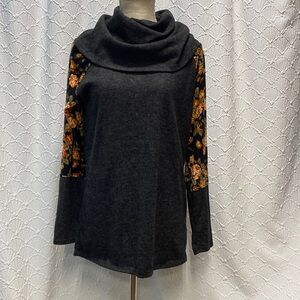 Acting Pro size XL Dark Gray cowl Sweater w/Floral sleeves cozy warm layers soft